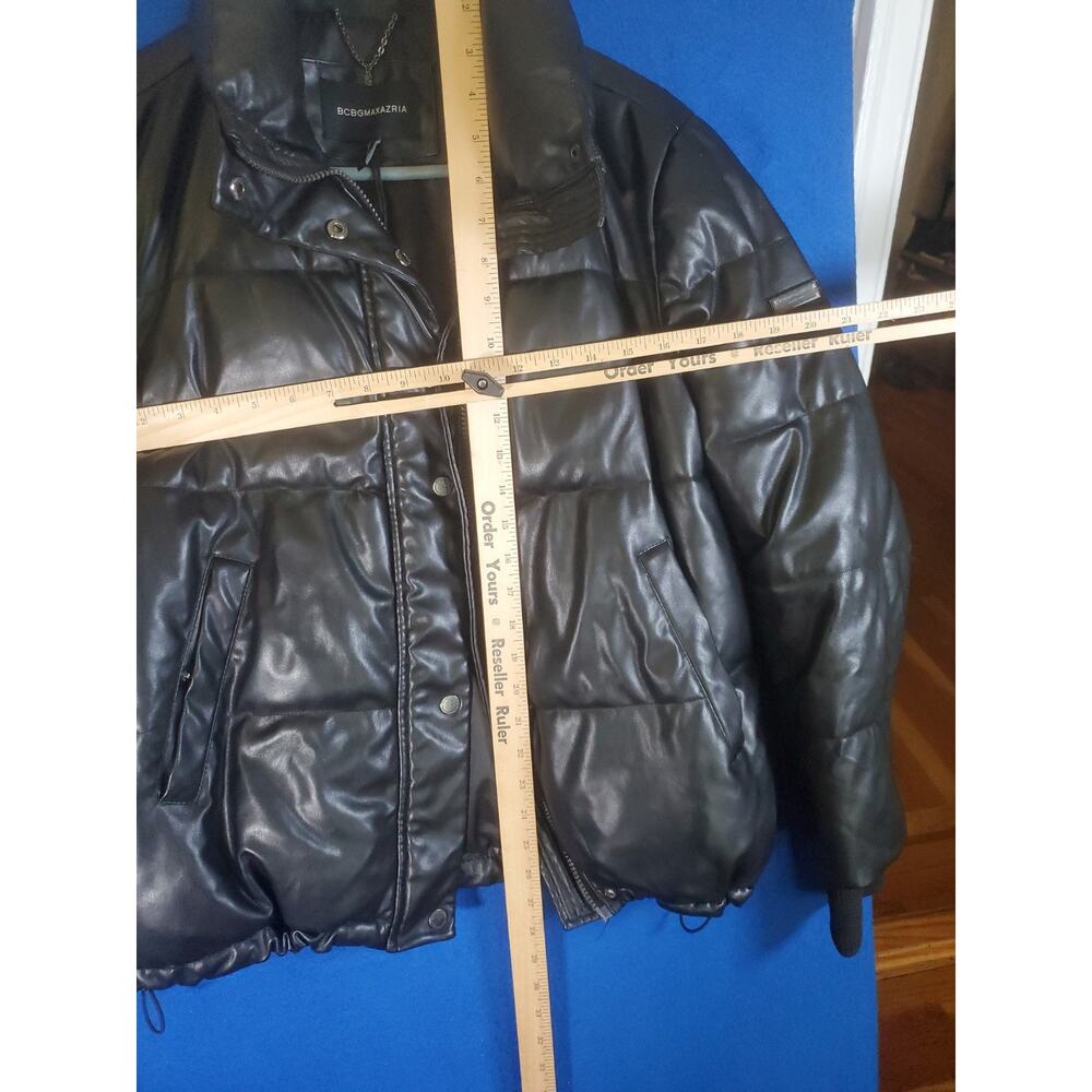 BCBGMAXAZRIA Black Faux Leather Puffer Jacket Womens Small Quilted Winter Coat - Picture 7 of 16